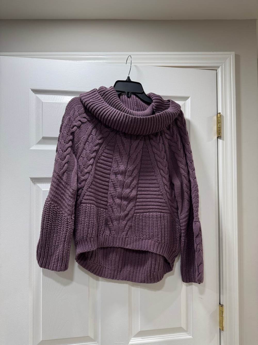 Express Cable-Knit Cowl Neck Sweater - Plum